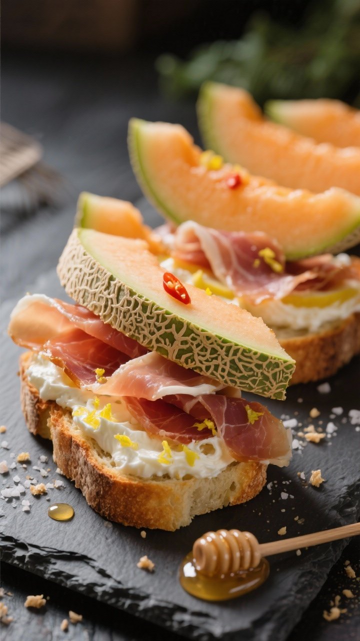 Close-up of crisp prosciutto and melon sandwiches: thin slices of cantaloupe layered with silky prosciutto, whipped ricotta mixed with lemon zest and juice spread on toasted bread, finished with a delicate chili-honey drizzle and a pinch of kosher salt; crumbs and honey droplets on a slate board, side light highlighting salty-sweet textures.