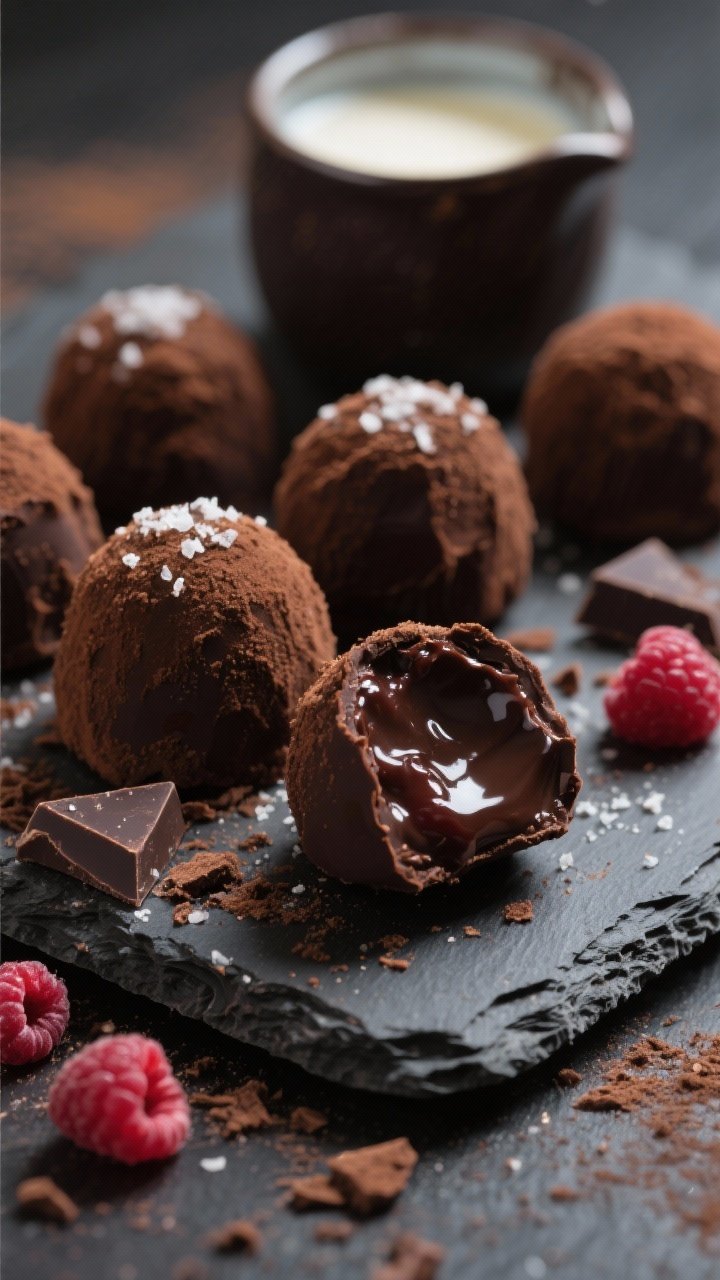 Close-up of dark chocolate raspberry truffle bites: matte cocoa-dusted spheres with a faint sparkle of sea salt on top, one cut open to reveal glossy ganache infused with raspberry jam; scattered chopped dark chocolate, a small pot of warmed cream, and a few freeze-dried raspberry crumbs on a slate board, rich and indulgent tone.