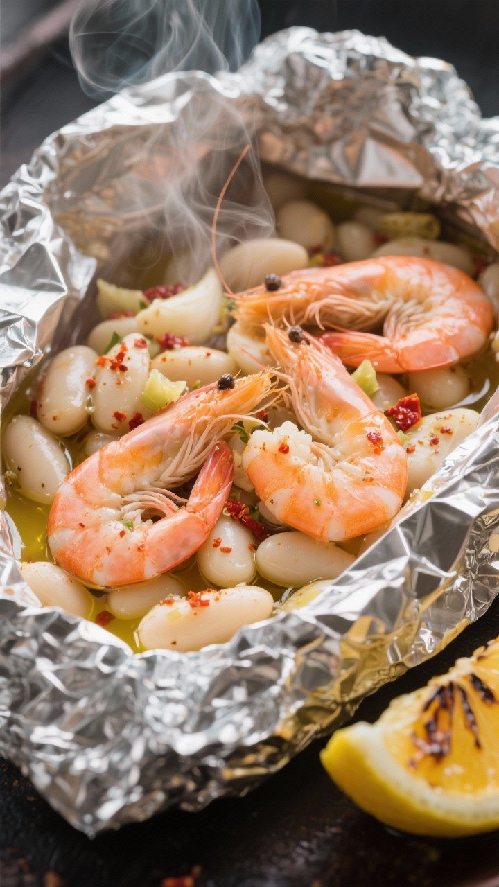 Close-up of garlicky shrimp and white bean foil parcels just opened: plump pink shrimp nestled with cannellini beans, a shimmer of olive oil and lemon juice, minced garlic, smoked paprika, and red pepper flakes visible; steam rising, charred lemon half nearby, crinkled foil catching light, juicy and aromatic.