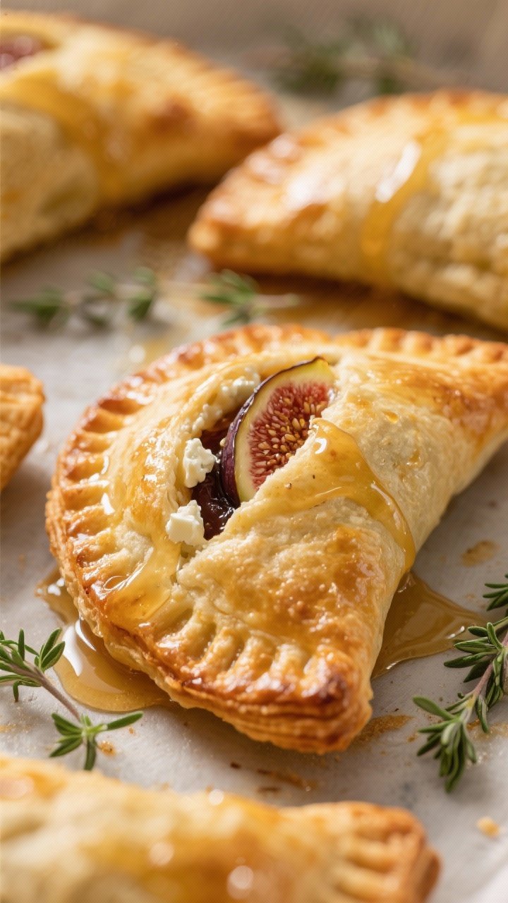 Close-up of golden Fig and Goat Cheese Hand Pies just out of the oven: flaky puff pastry turnovers with glossy egg-washed crusts, a seam of fig jam oozing slightly, filled with tangy goat cheese and a touch of cream cheese; thyme honey being lightly drizzled over, with fresh thyme sprigs scattered; warm, cozy light highlighting layers and sticky sheen.