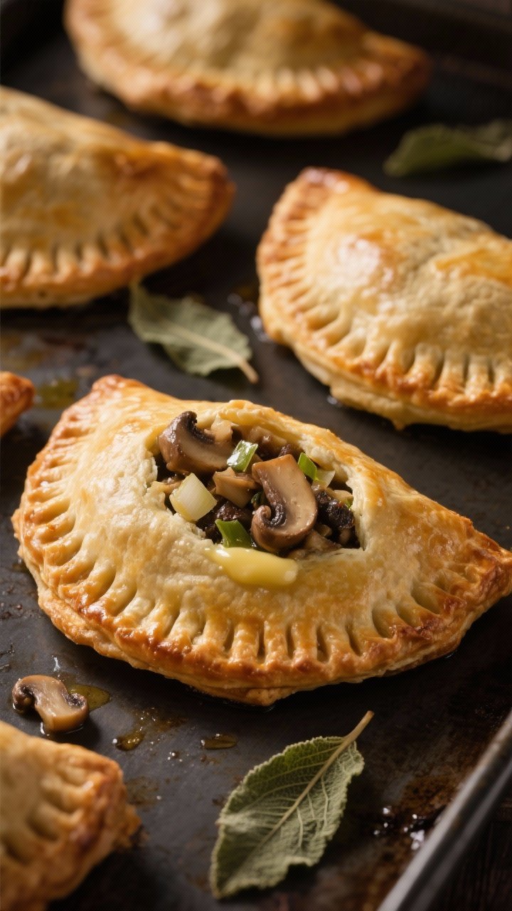 Close-up of golden puff pastry hand pies just out of the oven, their crimped edges and flaky layers visible, with savory mushroom filling peeking through a vent: chopped cremini and shiitake sautéed in sage butter with minced shallot and garlic; a butter-brushed sheen and a few fried sage leaves scattered; set on a dark sheet pan, warm directional light emphasizing texture, shallow depth of field.