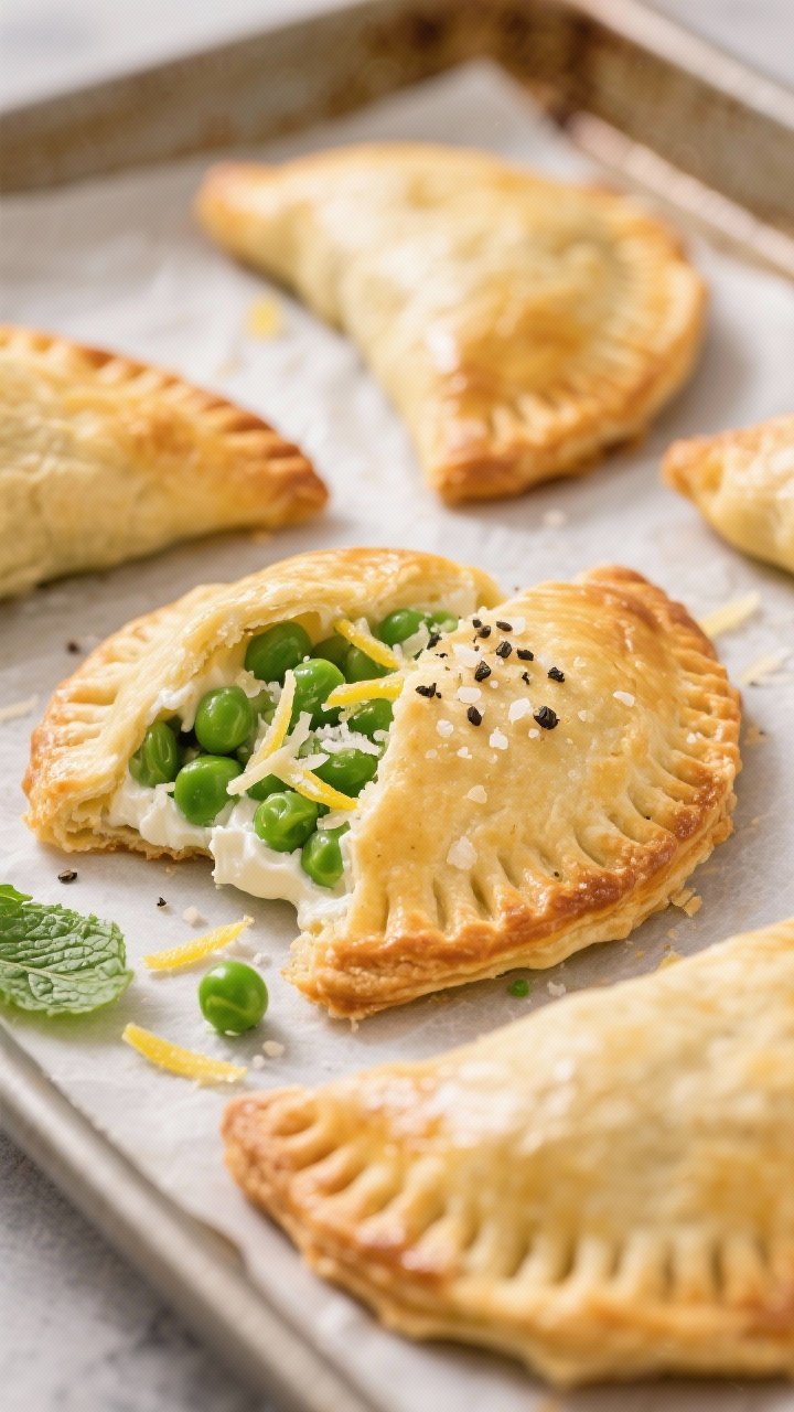 Close-up of golden Spring Pea, Mint, and Ricotta hand pies on a parchment-lined baking sheet: flaky puff pastry turnovers with a visible seam of creamy ricotta, bright green peas, chopped fresh mint, lemon zest, and grated Parmesan; one pie cut open to show the filling, sprinkled with black pepper and sea salt; warm, buttery highlights.
