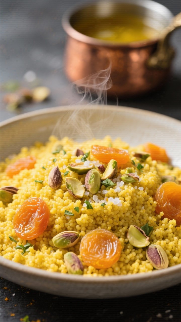 Close-up of golden turmeric couscous in a wide shallow bowl: fluffy couscous tinted bright yellow with turmeric, speckled with coriander and salt, glossy from olive oil; jeweled chunks of dried apricots and chopped pistachios scattered throughout; steam gently rising, a small copper pot of vegetable broth in the background, rich contrast and sharp grain detail.