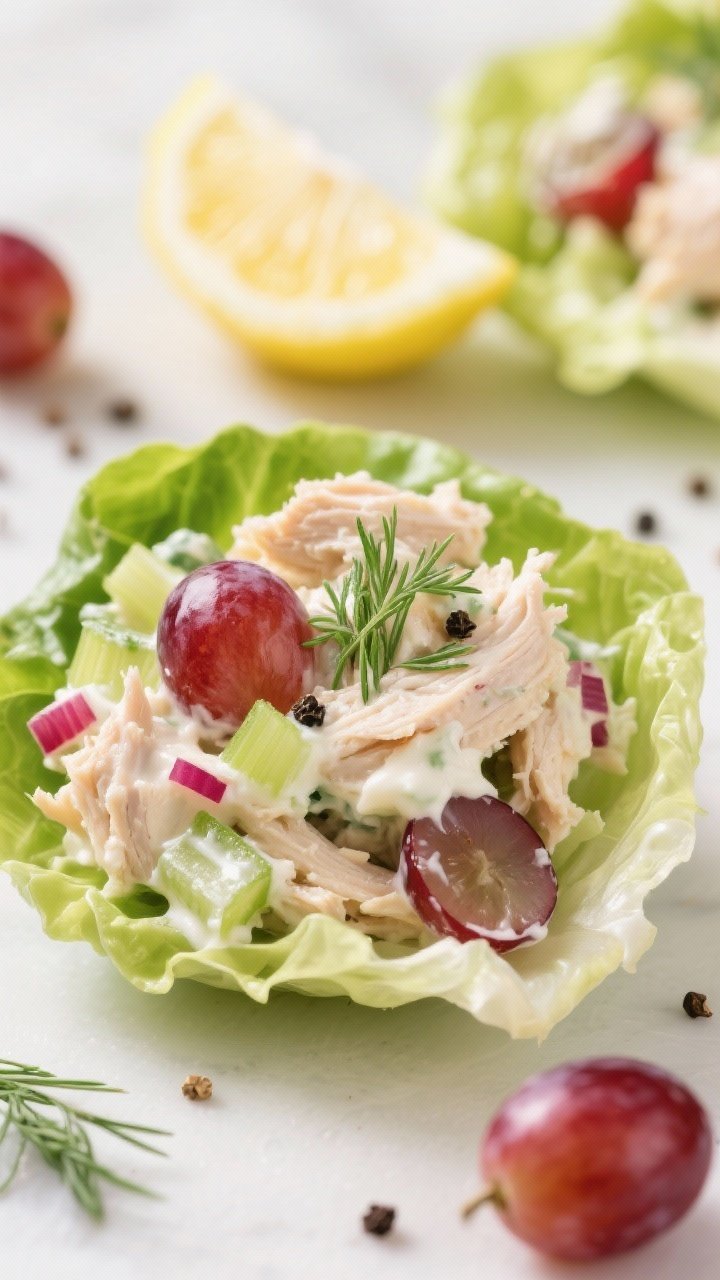 Close-up of herbed chicken salad lettuce wraps: crisp butter lettuce cups filled with creamy chicken salad (shredded chicken, halved red grapes, finely chopped celery, minced red onion) bound with mayo and a touch of Greek yogurt, speckled with dill. A squeeze of lemon wedge nearby, cracked black pepper on top, and a few grapes scattered around. Clean, bright light emphasizing crunchy textures and juicy grapes.