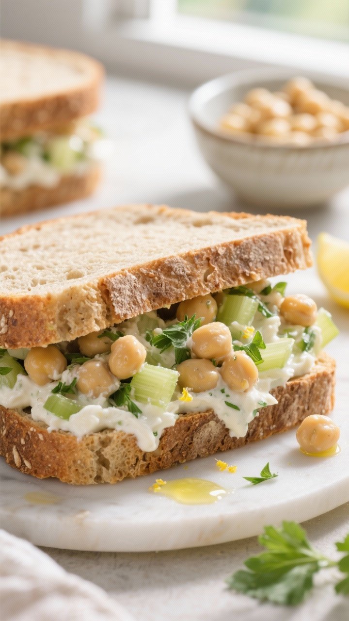 Close-up of herby chickpea salad sandwiches on whole-grain bread, cut in halves: visible chickpeas lightly mashed with Greek yogurt, olive oil, Dijon, lemon juice and zest, finely chopped celery, and fresh herbs; creamy yet chunky texture spilling slightly from the edges; a smear of filling in a small bowl behind; soft window light for a fresh, picnic-ready vibe.