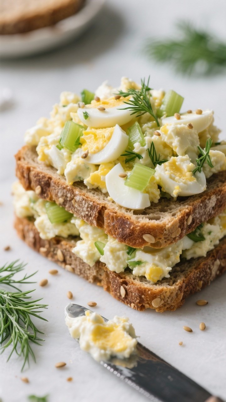 Close-up of herby egg salad on rye showing no-soggy texture: thick, sturdy rye slices stacked with a mound of egg salad made from chopped hard-boiled eggs bound with a balanced mix of mayonnaise and Greek yogurt, Dijon mustard, lemon juice; speckled with finely diced crunchy celery and fresh dill; tight focus on creamy-yet-structured curds and rye seeds; a knife with a smear of egg salad in frame; cool, clean styling with green dill highlights.
