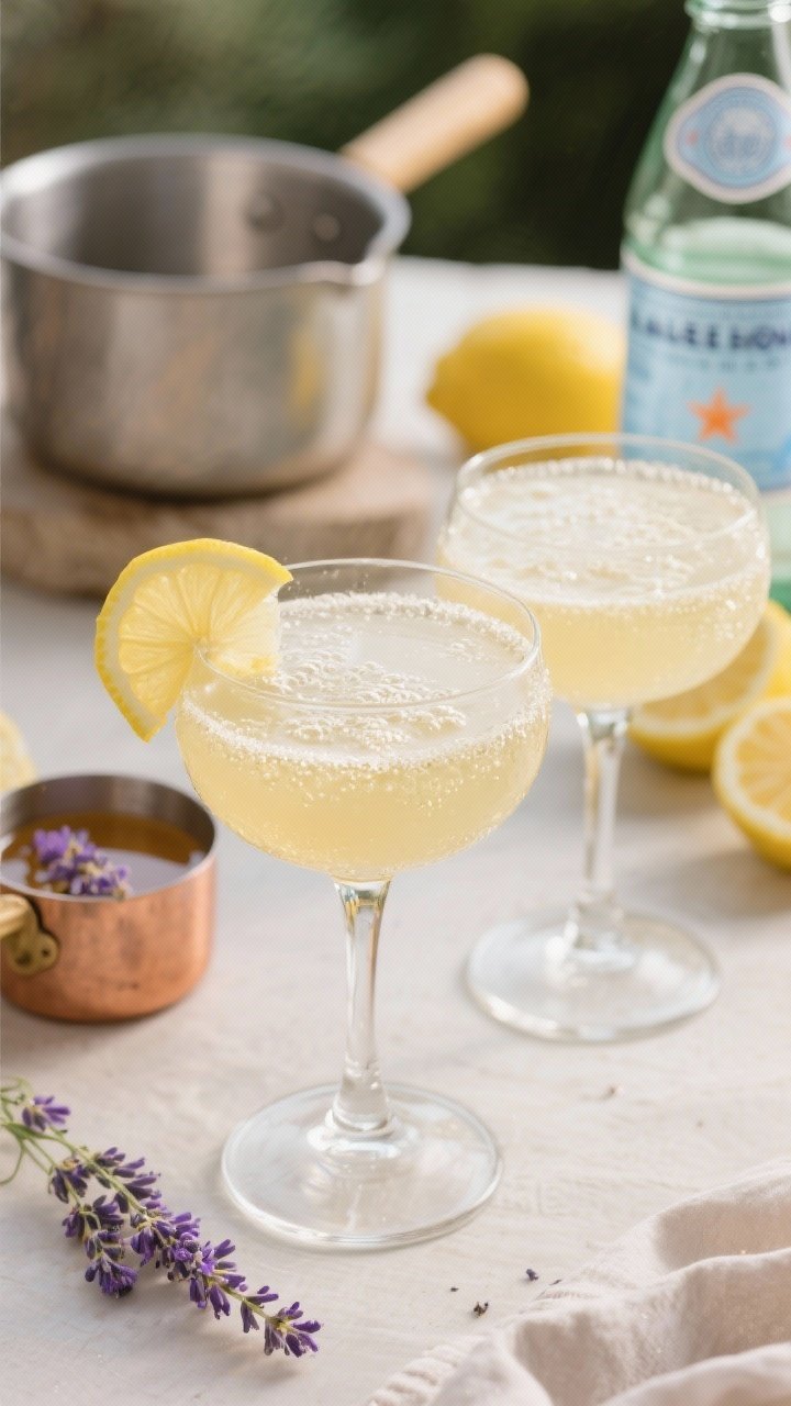 Close-up of Lavender Honey Lemon Spritz in stemmed glasses: pale golden, softly sparkling drink with fine bubbles, a thin lemon wheel on the rim, and a barely-there lavender hue; a small saucepan of lavender honey syrup (1/3 cup honey, 1/2 cup water, 1 teaspoon dried culinary lavender) cooling in the background, alongside fresh lemon halves and a bottle of chilled sparkling water; airy Provence mood, gentle natural light.