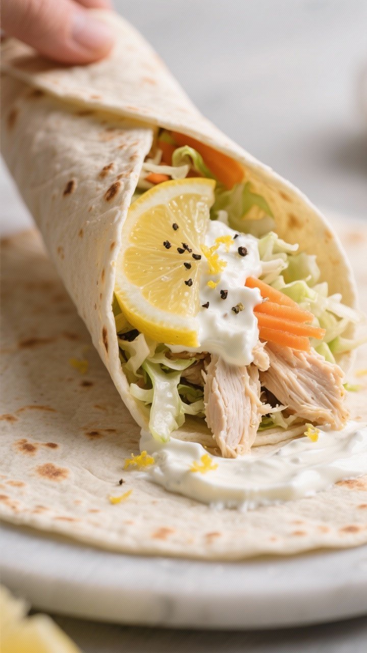 Close-up of lemon-pepper rotisserie chicken wraps being assembled: shredded chicken tossed with Greek yogurt, a touch of mayo, lemon zest, lemon juice, cracked black pepper, and kosher salt. Spread onto a tortilla, topped with crunchy slaw (shredded cabbage and carrots) for texture. Hands-free scene with wrap half-rolled to show layers, pepper specks visible, lemon zest glistening. Neutral backdrop, directional light highlighting creamy dressing and crisp slaw.