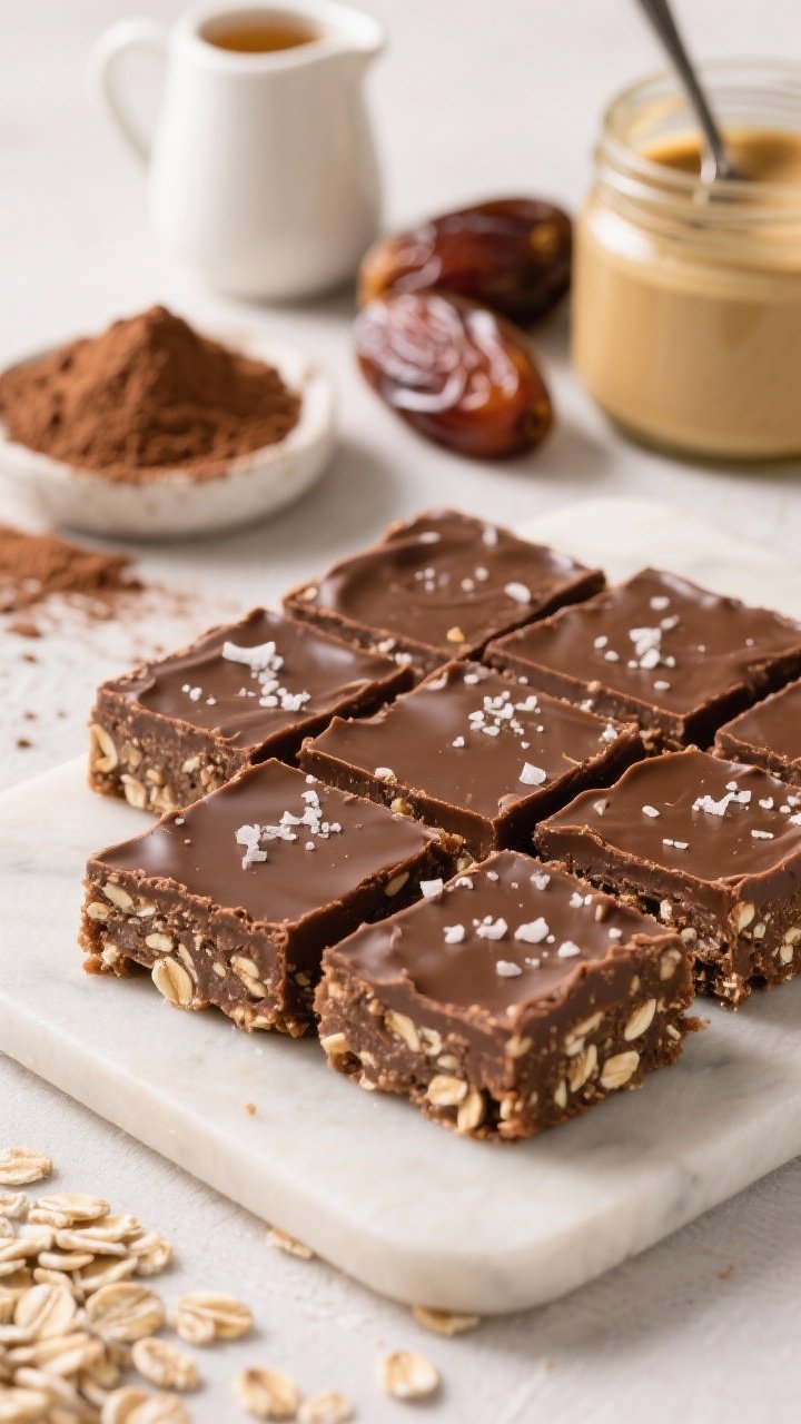Close-up of no-bake chocolate tahini oat bars cut into neat squares, dense and fudgy with visible rolled oats; rich cocoa-tahini sheen on top, a light sprinkle of flaky sea salt. Ingredients staged behind: Medjool dates, a small pitcher of maple syrup, cocoa powder dust, and a jar of tahini with a spoon. Side light emphasizes texture and clean, sharp edges for irresistible appeal.