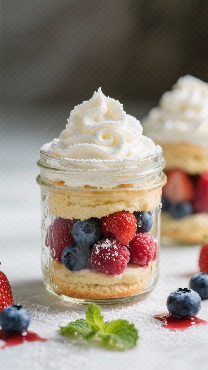 Close-up of no-fuss mason jar berry shortcakes: layers in clear jars—macerated strawberries, blueberries, and raspberries glistening with sugar and lemon juice; fluffy whipped cream with powdered sugar swirls; visible shortcake or biscuit layers; condensation on glass, bright, dessert-forward styling on a light surface with stray mint leaves and berry juice drips for appetizing realism.