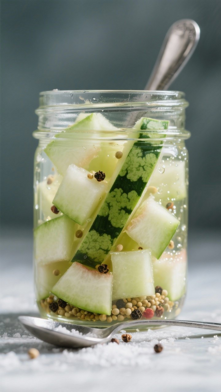 Close-up of no-waste watermelon rind quick pickles in a clear jar: pale green-white 1/2-inch rind pieces submerged in a brine of apple cider vinegar, water, sugar, kosher salt, with mustard seeds and peppercorns visible; a strip of removed dark green rind skin on the side to emphasize minimal waste; sparkling highlights on the liquid, tart and crunchy mood, cool-toned backdrop with a stainless ladle.