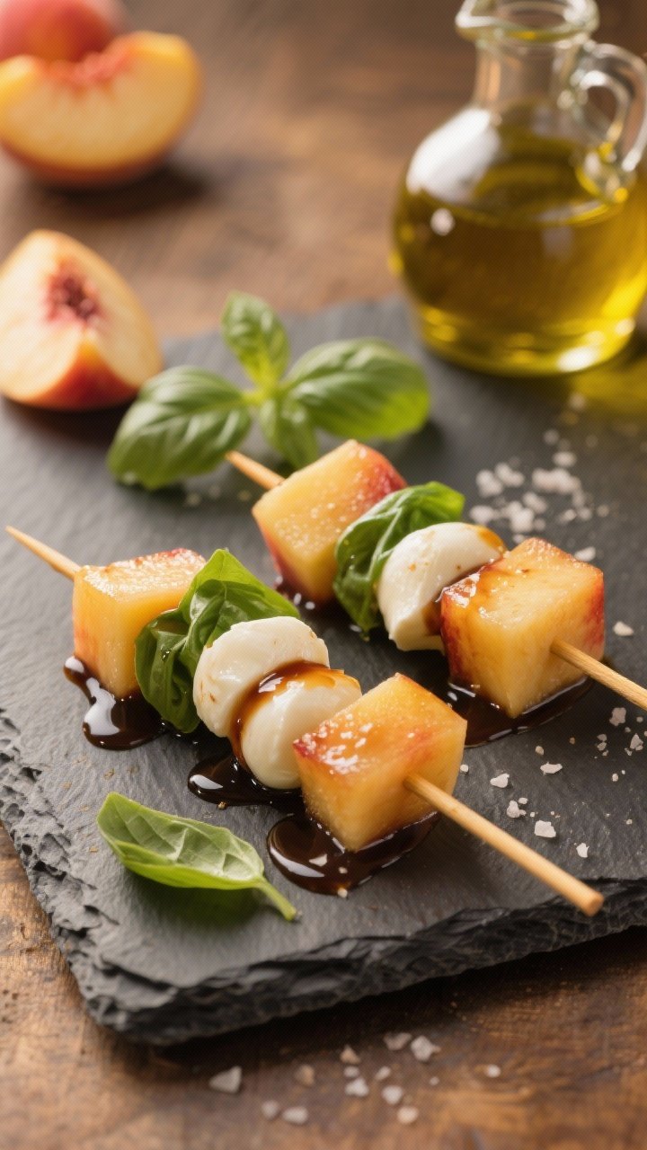 Close-up of peach caprese skewers on short bamboo picks: juicy 1-inch peach chunks, glossy mozzarella pearls, and fresh basil leaves, finished with a delicate drizzle of balsamic glaze and a whisper of flaky salt; the skewers rest on a slate board with a few basil sprigs and a small carafe of olive oil; warm golden light highlighting peach fuzz and mozzarella sheen, tight composition.