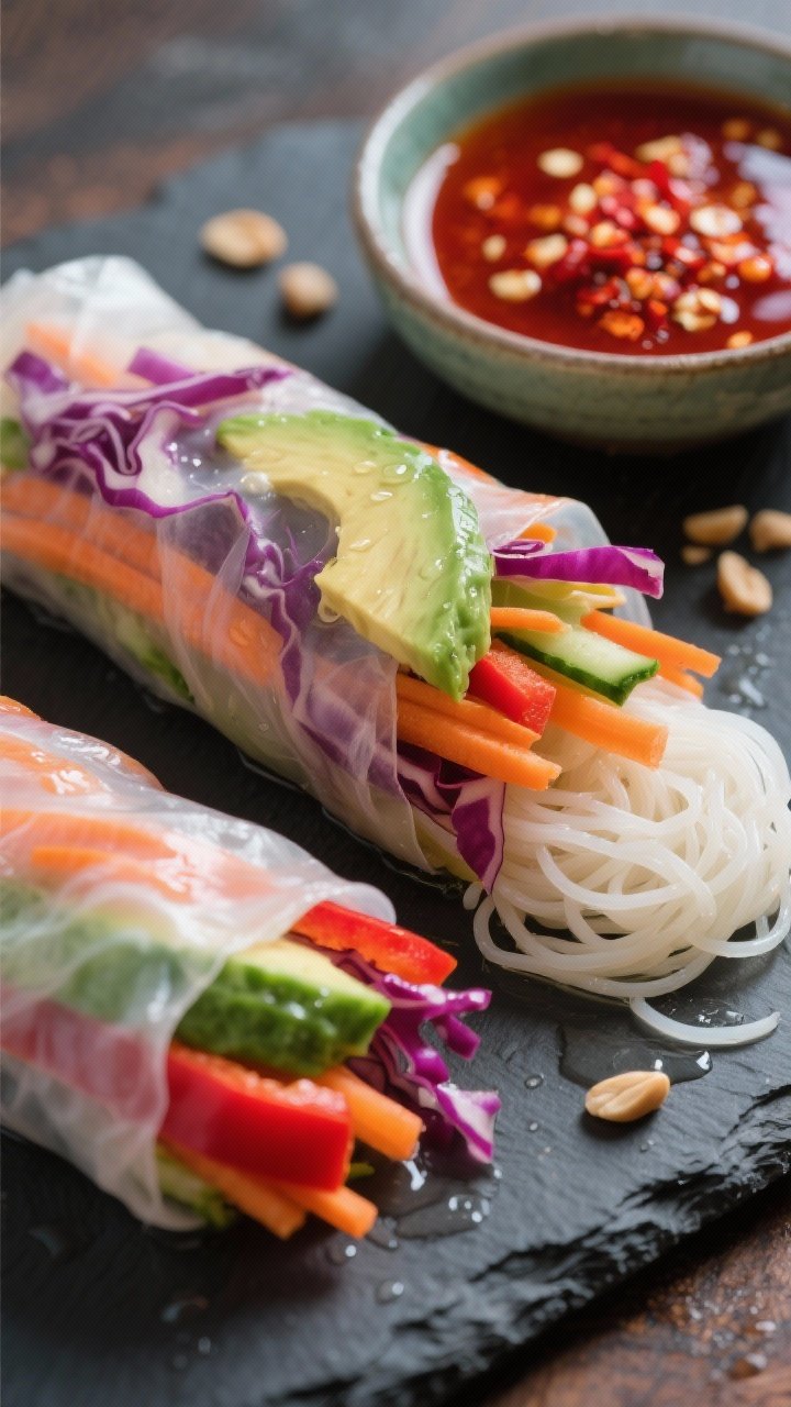 Close-up of rainbow veggie summer rolls on a slate platter, translucent rice paper showing layers of shredded red cabbage, julienned carrot, cucumber, red bell pepper, ripe avocado slices, and a line of cooked rice noodles. A small bowl of firecracker peanut sauce (deep amber-red, glossy) on the side with chili flakes and crushed peanuts. Wet sheen on rolls, tight focus on vibrant colors, soft backlight to highlight translucency.