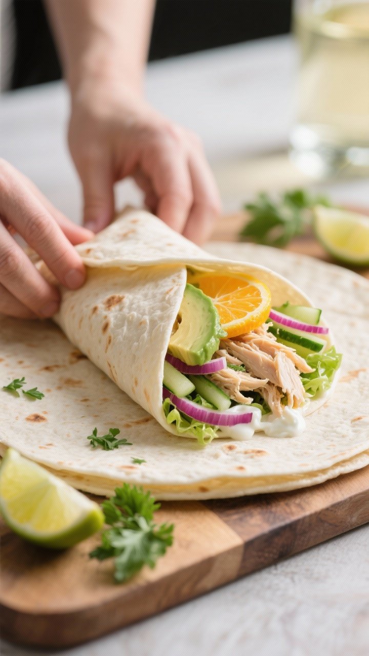 Close-up of Sauvignon Blanc citrus chicken wraps being assembled: large flour tortillas on a board, shredded cooked chicken mixed with bright citrusy yogurt-herb dressing, layered with sliced avocado, shredded romaine, thin red onion, and cucumber matchsticks; one wrap tucked tightly without crinkles; fresh, zesty vibe with lime wedges and parsley scattered; soft diffused light.