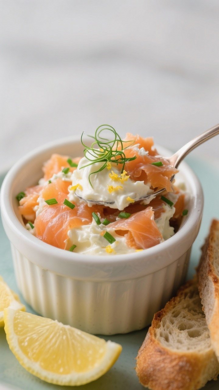 Close-up of smoked salmon rillettes in a small ceramic ramekin: hot-smoked salmon flaked into a creamy mix with cream cheese, butter, sour cream, lemon juice and zest, and finely chopped chives; micro ridges from a spoon swirl on top, extra chives and lemon zest sprinkled; served with thin toasted baguette slices and lemon wedges; cool-toned backdrop, silky texture emphasized.