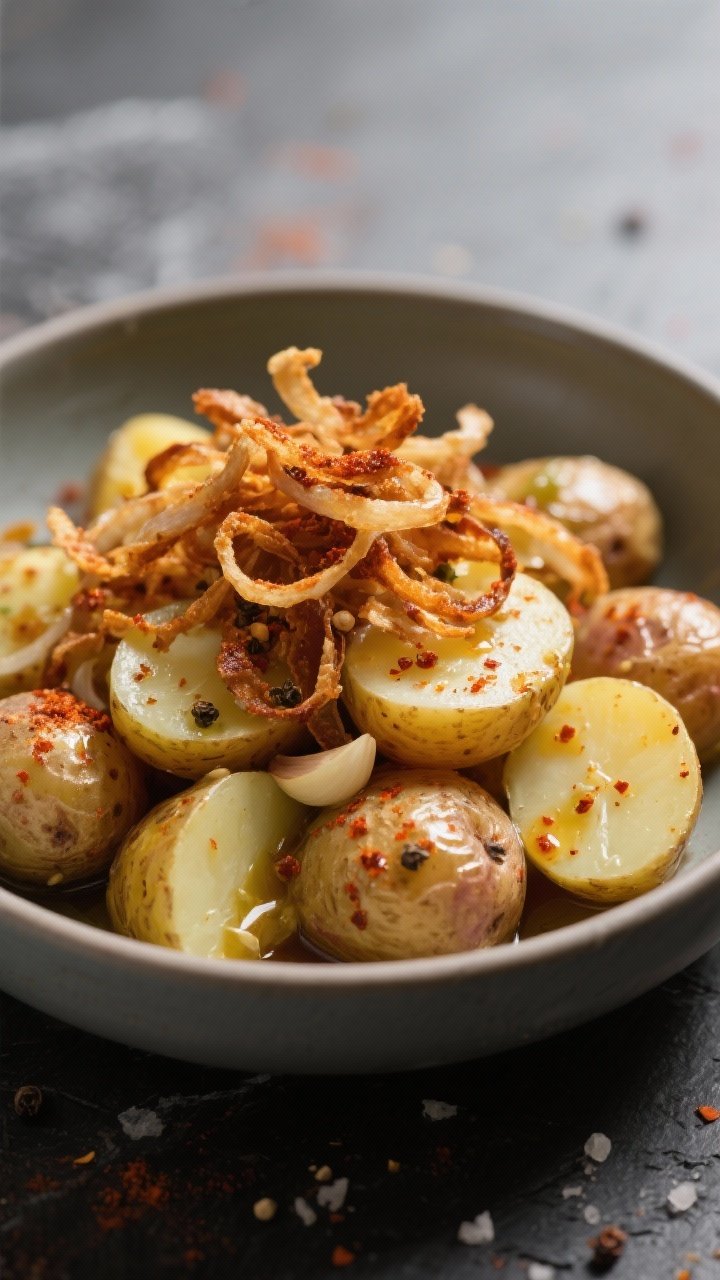 Close-up of smoky paprika potato salad: halved baby potatoes glistening in an olive oil, sherry vinegar, smoked paprika, Dijon, honey, garlic, and salt dressing; topped with a generous tangle of ultra-crispy fried shallots; specks of paprika and cracked pepper visible; served in a matte bowl on a slate surface; warm, inviting tones, emphasizing creamy interiors and crisp topping.
