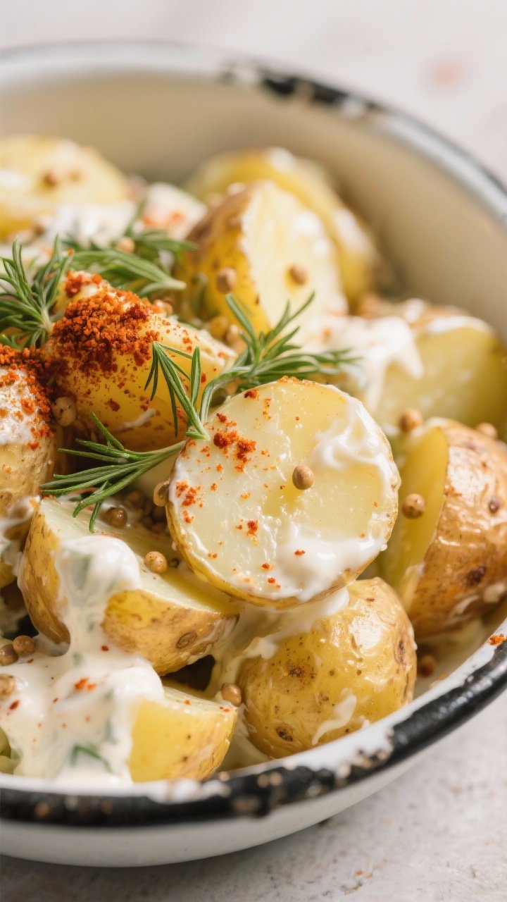 Close-up of smoky paprika potato salad in an enamel bowl: halved baby gold potatoes coated in a creamy dressing of mayo, Greek yogurt, Dijon, whole-grain mustard, smoked paprika, apple cider vinegar, and kosher salt. Visible specks of paprika and mustard seeds, a dusting of extra smoked paprika on top, chopped dill as a garnish. Soft natural light emphasizes the silky, glossy dressing and tender potato texture.