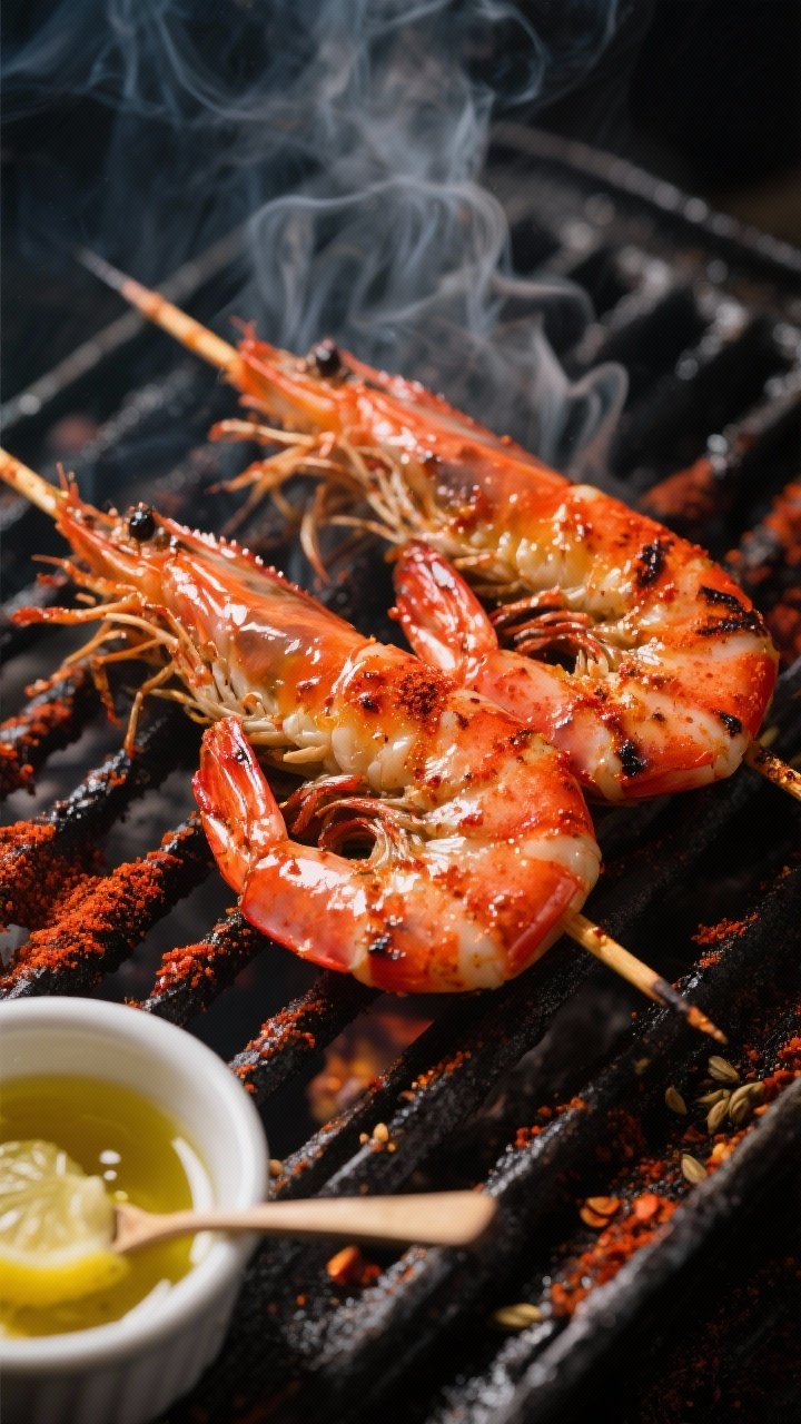 Close-up of smoky paprika shrimp skewers on a grill grate: large shrimp glistening with olive oil, coated in a deep red blend of smoked paprika, sweet paprika, garlic powder, cumin, and chili flakes, char marks forming; a small ramekin of lemon-garlic drizzle ready to spoon over; wisps of steam, dramatic side lighting to emphasize spice-crusted texture.