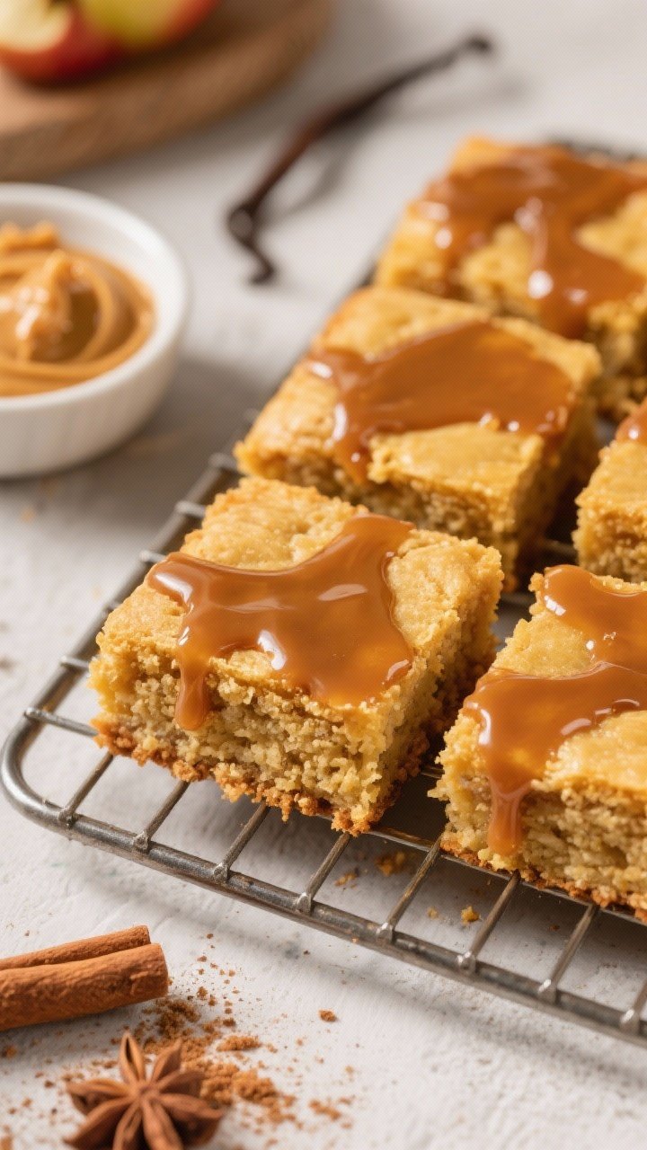Close-up of spiced apple cider blondies on a cooling rack: glossy brown butter glaze dripping down golden squares; interior crumb showing apple cider richness; ingredients hinted—small bowl of brown sugar, vanilla, nutty butter—nearby; a dusting of warm spices implied, edges slightly chewy; inviting, cozy dessert scene.