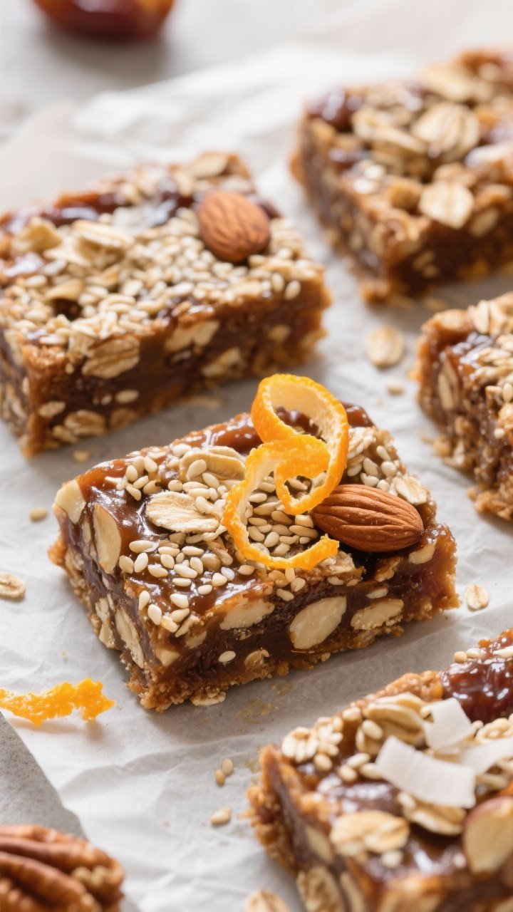 Close-up of spiced date bars on parchment: dense bars studded with chopped nuts (almonds or walnuts), rolled oats, and half the toasted sesame seeds within; tops pressed with the remaining sesame seeds and a kiss of orange zest; a few flakes of shredded coconut optional; neat squares with clean edges, sticky-sweet sheen, citrus peel curls for accent.