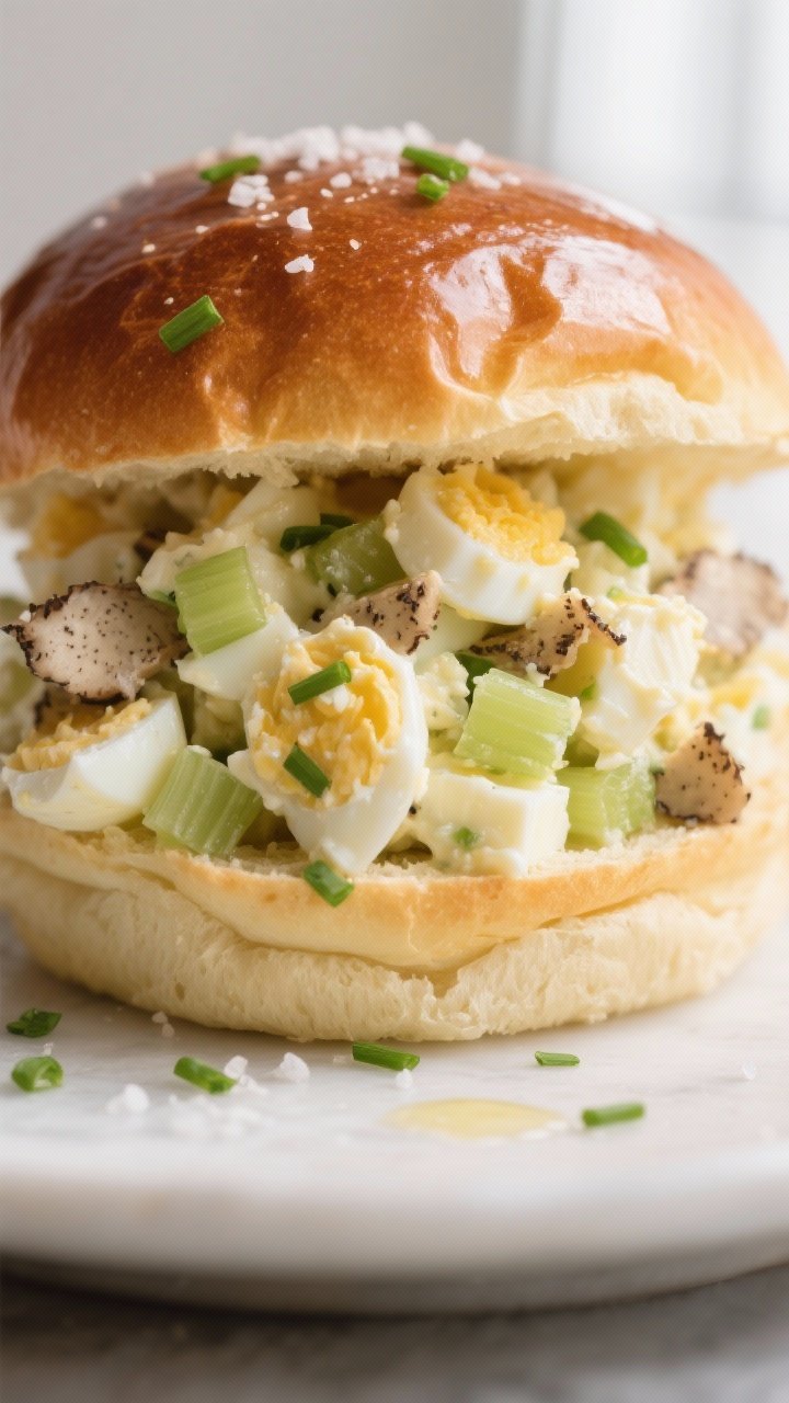 Close-up of Truffle Egg Salad piled into glossy brioche buns: chopped hard-boiled eggs folded with mayonnaise, a hint of Dijon, white truffle oil, finely chopped chives, and tiny celery dice; sprinkle of kosher salt and extra chives on top; the cut surface of the brioche showing buttery crumb; soft window light with a neutral backdrop to highlight creamy texture and aromatics.