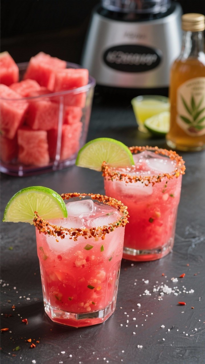 Close-up of Watermelon Limeade in short rocks glasses with a chili-salt rim: vivid pink-red liquid with tiny watermelon pulp, bright green lime wheels inside, a pinch of sea salt stirred in; rim coated with chili-lime salt crystals, ice cubes glistening; background shows a blender jar with 6 cups chilled watermelon cubes, a juicer with 1/2 cup lime juice, and agave/syrup bottle; bold, juicy, summery mood with high contrast.