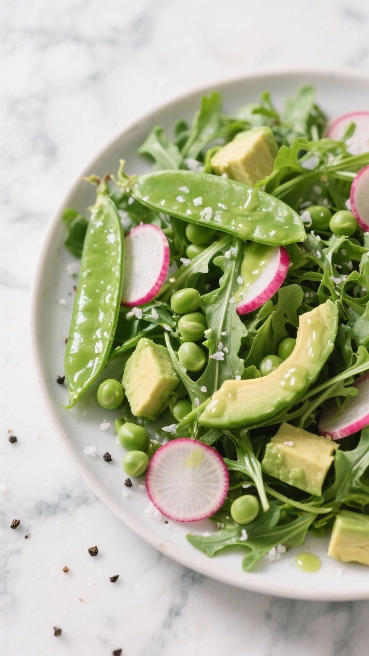 Close-up overhead of a crisp spring pea, radish, and avocado salad: sugar snap peas sliced on the bias, shelled peas, thin radish rounds, creamy avocado cubes, and arugula/mixed spring greens; drizzled with lush green goddess dressing pooling lightly on leaves; vibrant green and pink palette, sprinkled with flaky salt and black pepper; cool marble surface enhancing freshness.