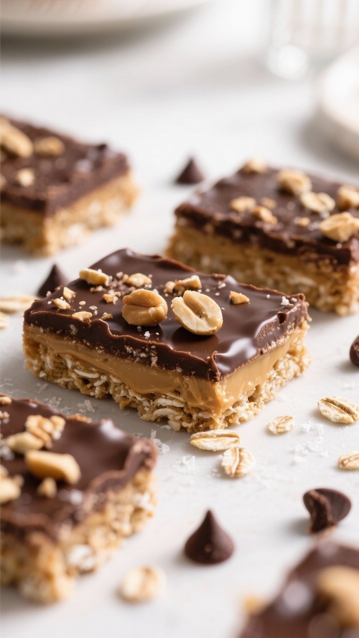 Close-up overhead of no-bake chocolate peanut butter oat bars: dense bars cut cleanly to show layers—oat, creamy peanut butter, honey/maple, coconut oil, vanilla, and salt base topped with glossy melted dark chocolate sprinkled with crushed peanuts; a few loose old-fashioned oats and chocolate chips scattered; soft window light emphasizing fudgy texture and sheen.