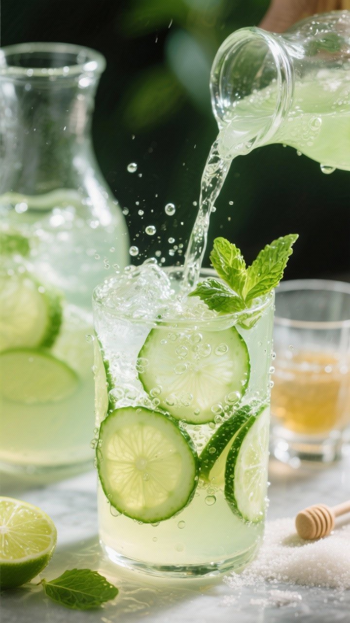 Close-up refreshing pour shot of sparkling cucumber-limeade cooler: thin cucumber rounds and fresh mint leaves floating in pale green limeade, bubbles rising from chilled sparkling water. Include a carafe and glasses with ice, visible lime juice and sweetener clarity, sugar or honey nearby, bright backlighting for sparkle and condensation.