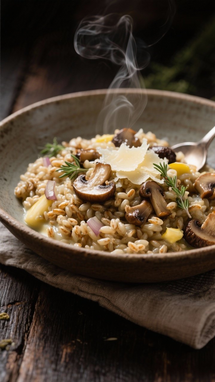 Close-up, shallow depth of field of earthy mushroom farro risotto in a rustic bowl: pearled farro swirled creamy with butter and olive oil, studded with sautéed mixed mushrooms (cremini, shiitake, oyster), minced shallot, and a hint of white wine gloss. Steam rising, thyme leaves scattered, grated Pecorino melting on top, spoon trails showing texture. Dark wood table and a linen napkin for an intimate, forest-floor feel.