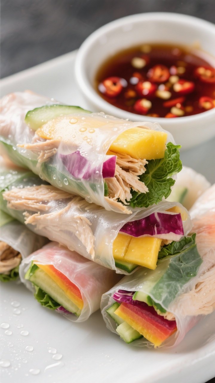 Close-up, side-on view of Boardwalk Mango-Chili Chicken Rice Paper Rolls: translucent rice paper revealing shredded chicken, bright mango slices, cucumber, red cabbage, mint, and cilantro; rolls neatly stacked with ends showing rainbow layers; a small dipping bowl with chili-flecked sauce, condensation beads on the rolls, fresh and crisp mood.