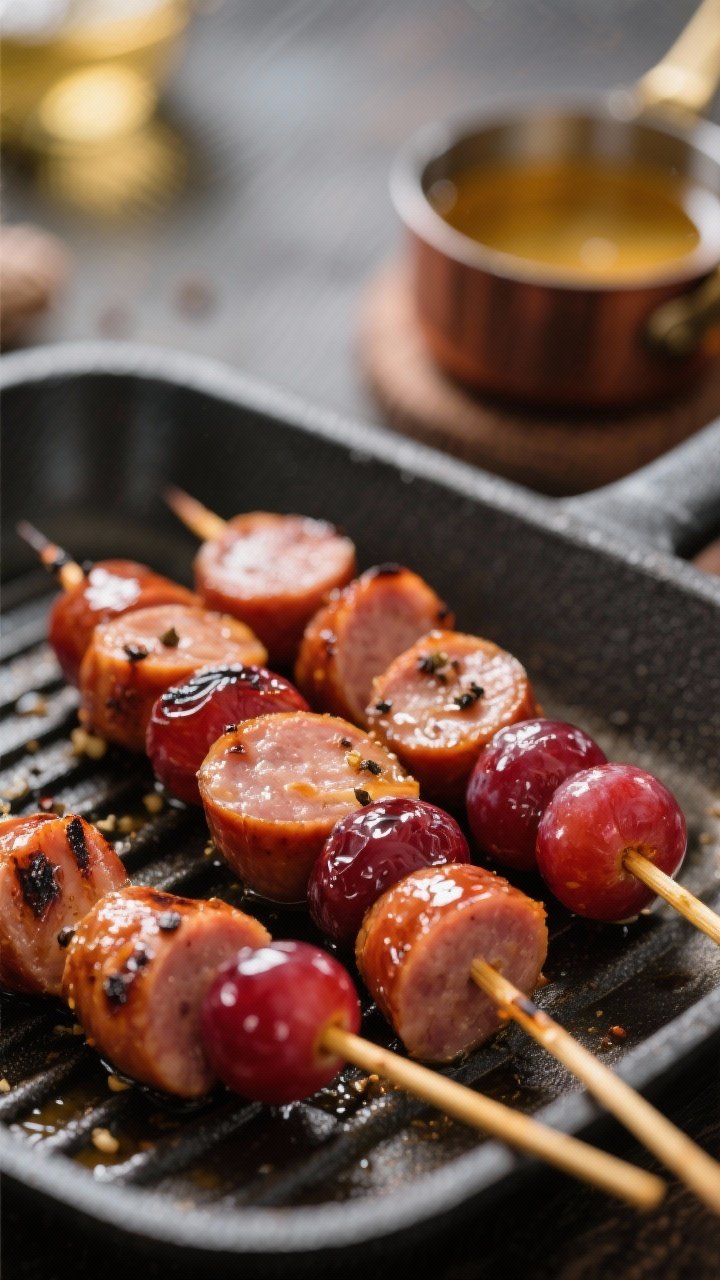 Close-up skewers on a grill-pan: thick slices of smoked sausage alternating with blistered red grapes, lacquered with a glossy apple cider glaze; a few char marks visible, coarse black pepper flecks; bokeh background of a small saucepan with cider reduction, skewers arranged diagonally for dynamic lines.