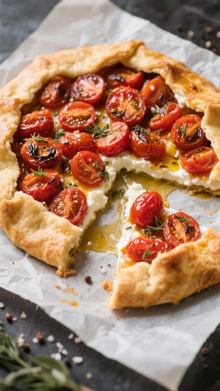 Close-up, slightly overhead shot of a jammy tomato galette: flaky golden pie dough folded rustically over a layer of ricotta, topped with halved mixed cherry tomatoes roasted to jammy softness, kissed with olive oil and balsamic, sprinkled with salt, pepper, and herbs; cut slice showing creamy ricotta and tomato juices on parchment-lined sheet.