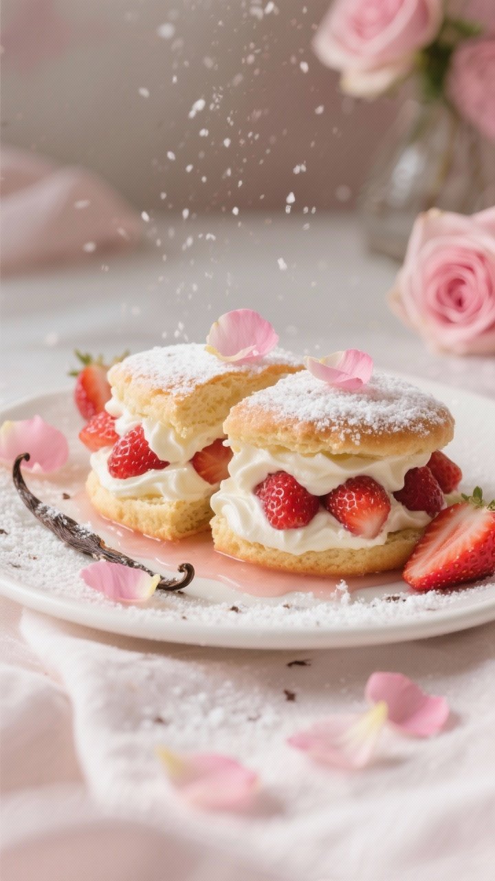 Close-up, slightly overhead shot of rose-scented shortcakes split and filled with macerated strawberries and billowy vanilla cream: tender, sugar-dusted biscuits with a hint of pink rose petals on the plate, strawberry juices dripping slightly; vanilla bean specks visible in the cream; garnished with a few edible rose petals and a light powdered sugar snowfall; bright, romantic styling with pale linen and soft focus background.