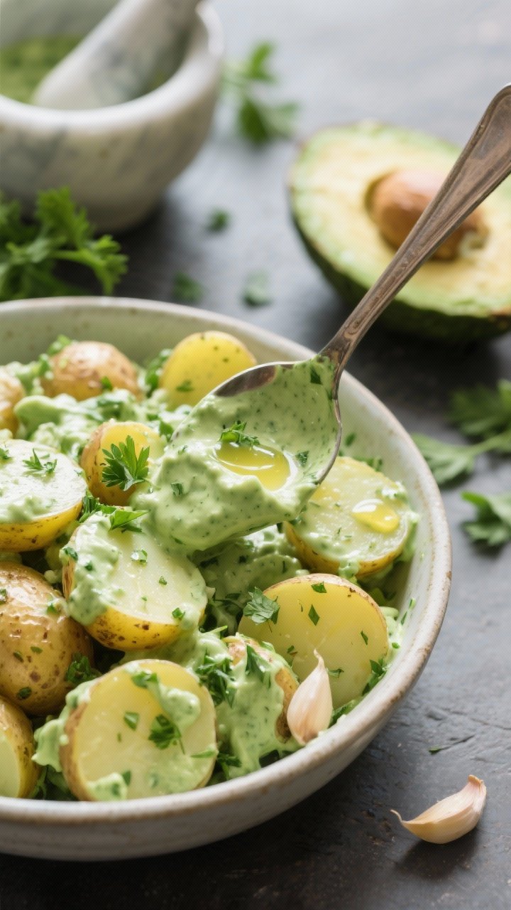 Close-up, spoon-in-bowl shot of Green Goddess Potato Salad (no mayo): halved baby gold potatoes folded into a creamy green dressing of Greek yogurt, avocado, olive oil, lemon juice, white wine vinegar, garlic, and blended herbs (parsley and more), with herb flecks and tangy sheen; a mortar with parsley and a cut avocado half nearby.