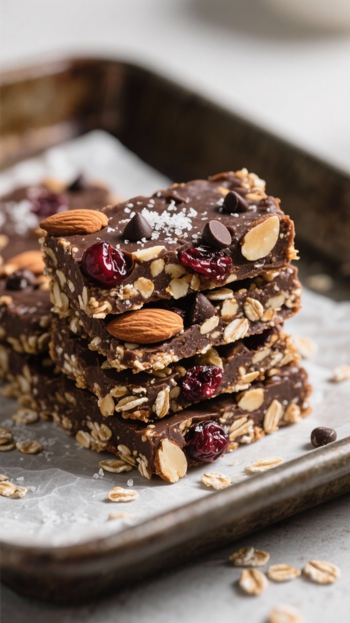 Close-up, straight-on bar stack of no-bake dark chocolate trail bars: visible rolled oats bound with almond butter and honey/maple, studded with chopped roasted almonds, dried cherries, and dark chocolate chips; clean, sharp cut sides showing mix-ins, a light sprinkle of flaky salt on top; parchment-lined tin in the background, rich and indulgent yet rustic.