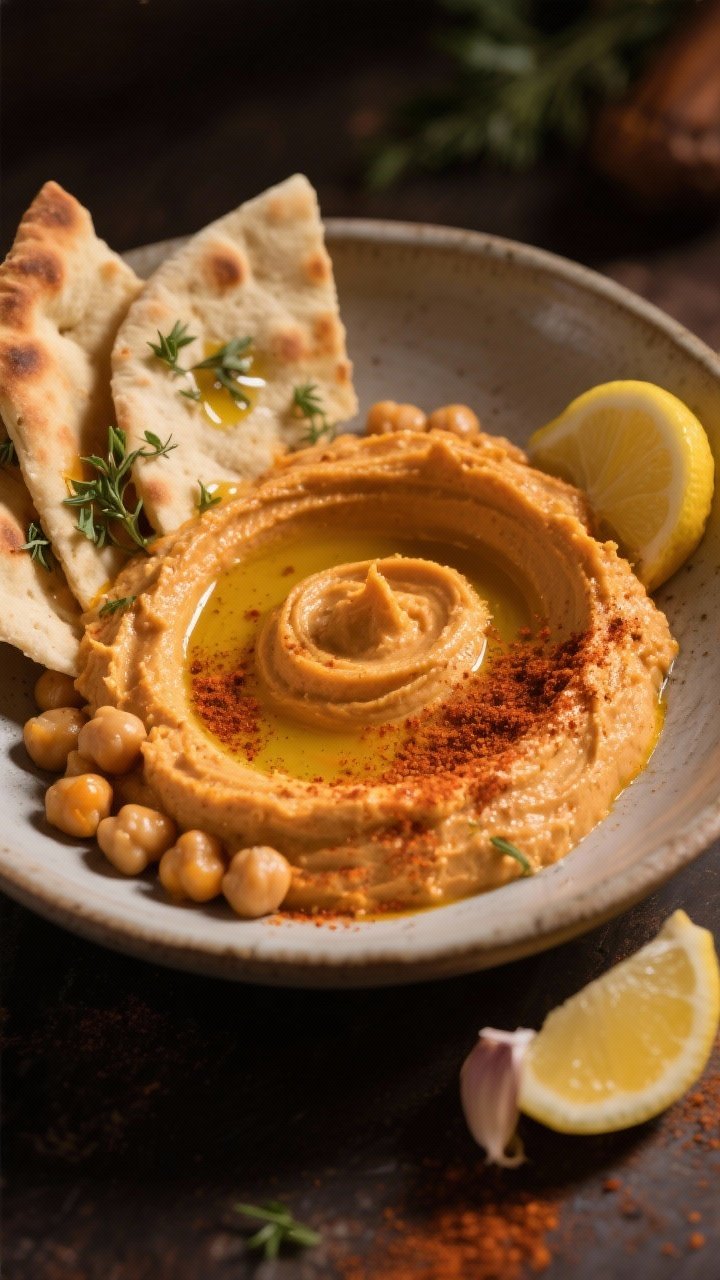 Close-up, straight-on dip scene: smoky pumpkin hummus swirled in a shallow bowl with a well of olive oil, dusted with smoked paprika and ground cumin; chickpeas and pumpkin purée lending a silky texture; herby pita crisps (pita wedges brushed with oil and herbs) leaning against the bowl; lemon half and a small garlic clove off to the side; warm, moody backdrop to emphasize orange-gold tones.