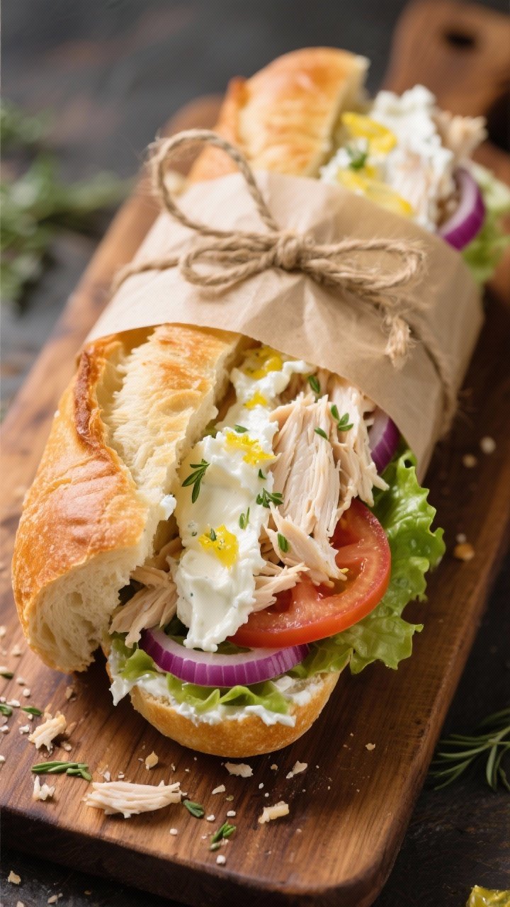 Close-up, straight-on sandwich portrait: Herbed Chicken Baguette split and generously layered—whipped goat cheese blended with cream cheese, lemon zest and juice spread on crusty baguette; piled with shredded chicken, a swipe of mayo and Dijon, thin tomato slices, crisp lettuce, and red onion; parchment-wrapped with twine, cut on the bias to reveal creamy layers and textures, crumbs on a wooden board.
