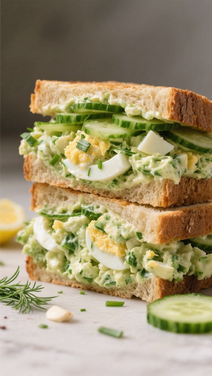 Close-up, straight-on sandwich stack of Green Goddess Egg Salad Sandwiches: chopped hard-boiled eggs folded with mayonnaise, Greek yogurt, lemon juice, Dijon, grated garlic, chives, parsley, and dill, piled generously on soft bread with thinly sliced crunchy cucumbers; cut halves showing creamy green-flecked filling, a few extra herbs and cucumber slices scattered on a neutral board.
