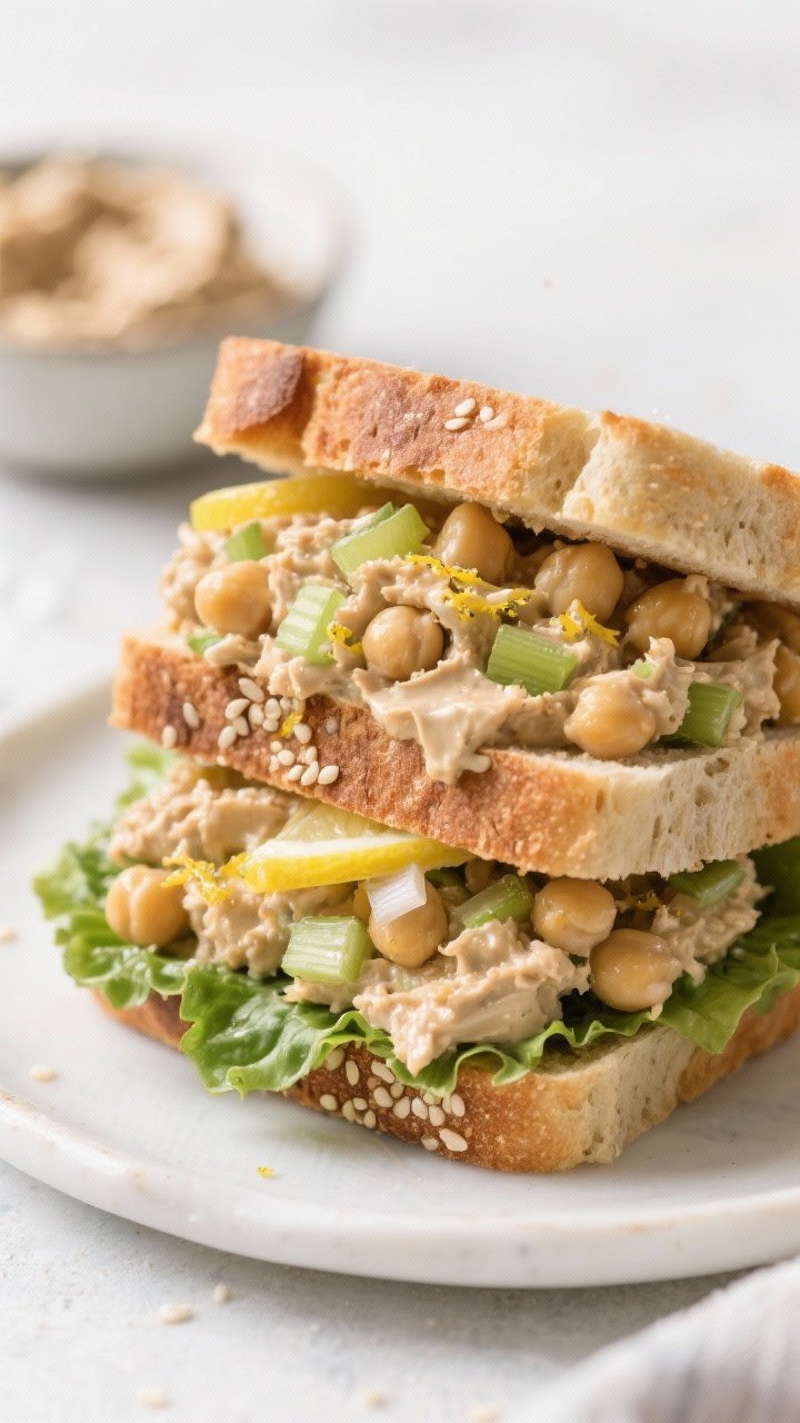 Close-up, straight-on sandwich stack of smashed chickpea salad: chunky chickpeas mashed with tahini, olive oil, lemon juice and zest, Dijon, finely minced shallot, and diced celery; the creamy, textured filling piled between lightly toasted country bread with crisp lettuce; visible sesame-flecked tahini gloss and lemony brightness; a small bowl of extra filling in the background, clean, natural light.