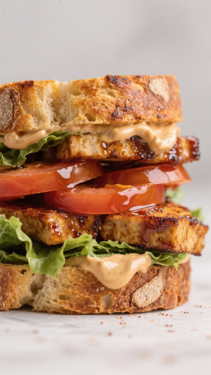 Close-up, straight-on shot of a smoky tempeh BLT on hearty sourdough: golden-griddled sourdough slices, stacked with crisp lettuce and ripe tomato slices, layered with thin strips of tempeh glazed in soy/tamari, maple syrup, smoked paprika, and olive oil until caramelized at the edges; a generous swipe of maple-miso vegan mayo on the cut face; focus on lacquered tempeh sheen and juicy tomato; neutral background for a modern plant-based vibe.