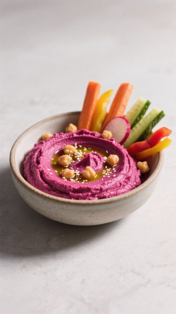 Close-up, straight-on shot of Berry Blush beet hummus in a low ceramic bowl: velvety magenta hummus made from chickpeas, roasted beet, tahini, lemon juice, garlic, and olive oil; smooth swoops topped with a drizzle of olive oil, sesame salt pinch, and a few chickpeas; rainbow crudités (carrot sticks, cucumber, radish, bell pepper) fanned around, clean slate backdrop, soft shadows.