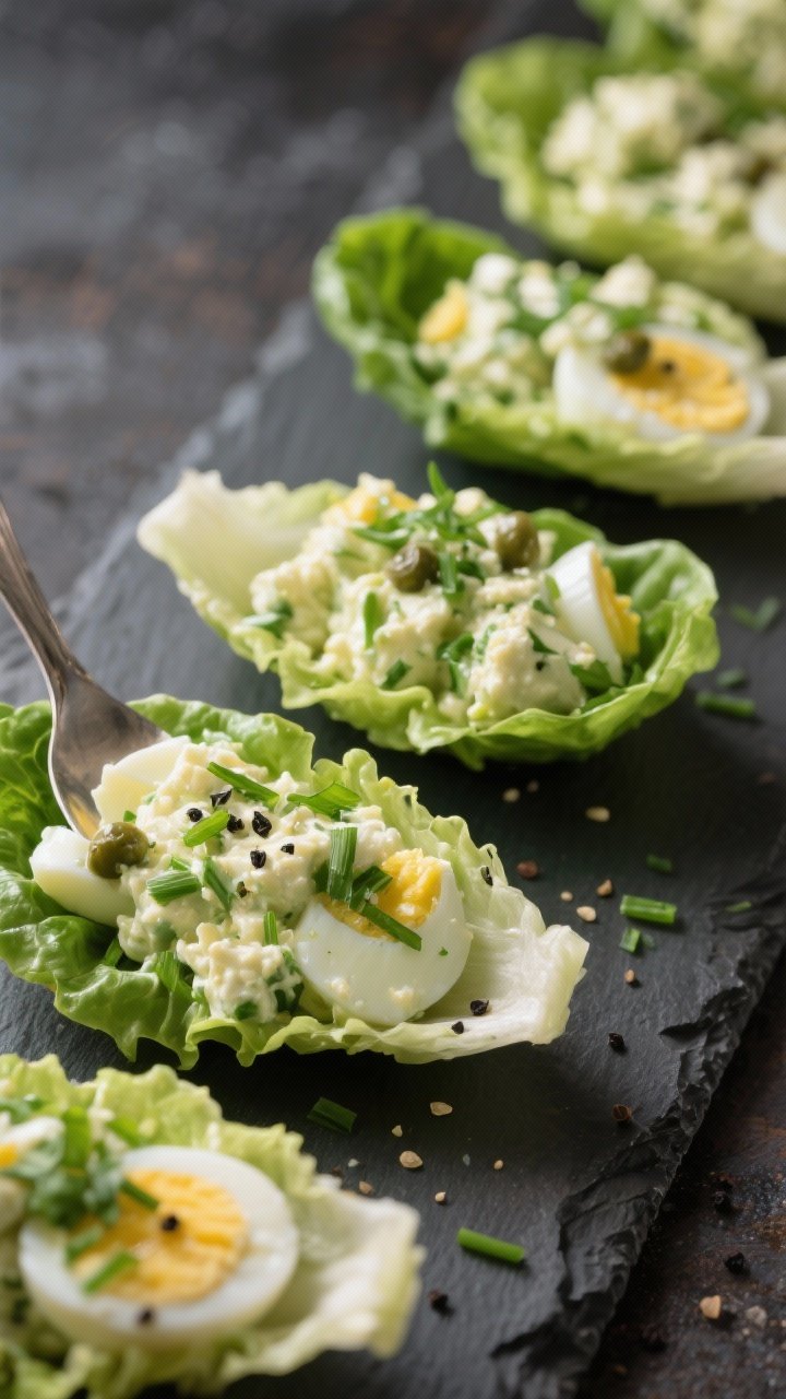 Close-up, straight-on shot of green goddess egg salad spooned into crisp lettuce boats: finely chopped hard-boiled eggs bound with a light mix of mayonnaise and Greek yogurt, lemon juice, chopped capers, chives, parsley, and tarragon; garnished with extra chives and cracked black pepper; arranged in a row on a slate board, creamy-herb texture emphasized.