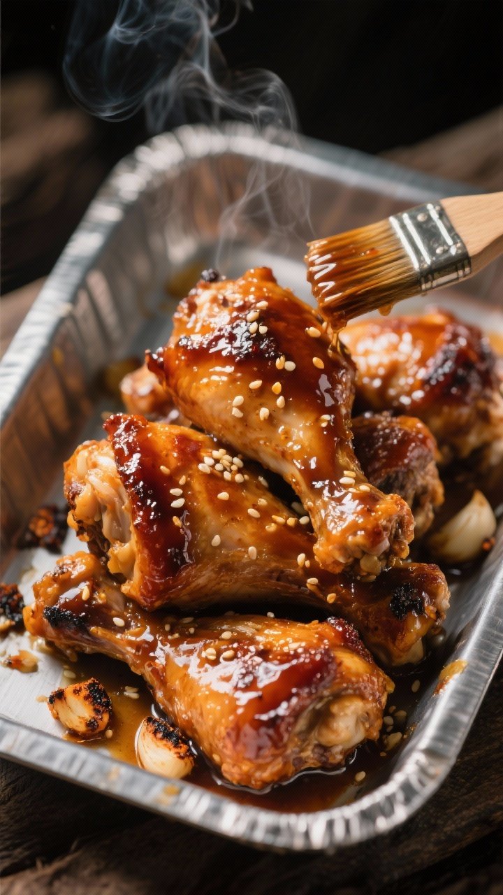 Close-up, straight-on shot of maple-balsamic glazed chicken drumsticks stacked in a metal camp-style tray: lacquered skins sticky with maple syrup, balsamic, soy/tamari, Dijon, smoked paprika, and minced garlic; caramelized edges, a few sesame seeds and charred bits on the tray, faint wisps of steam; a brush glazed with sauce to the side; dramatic side lighting to emphasize shine and stickiness.