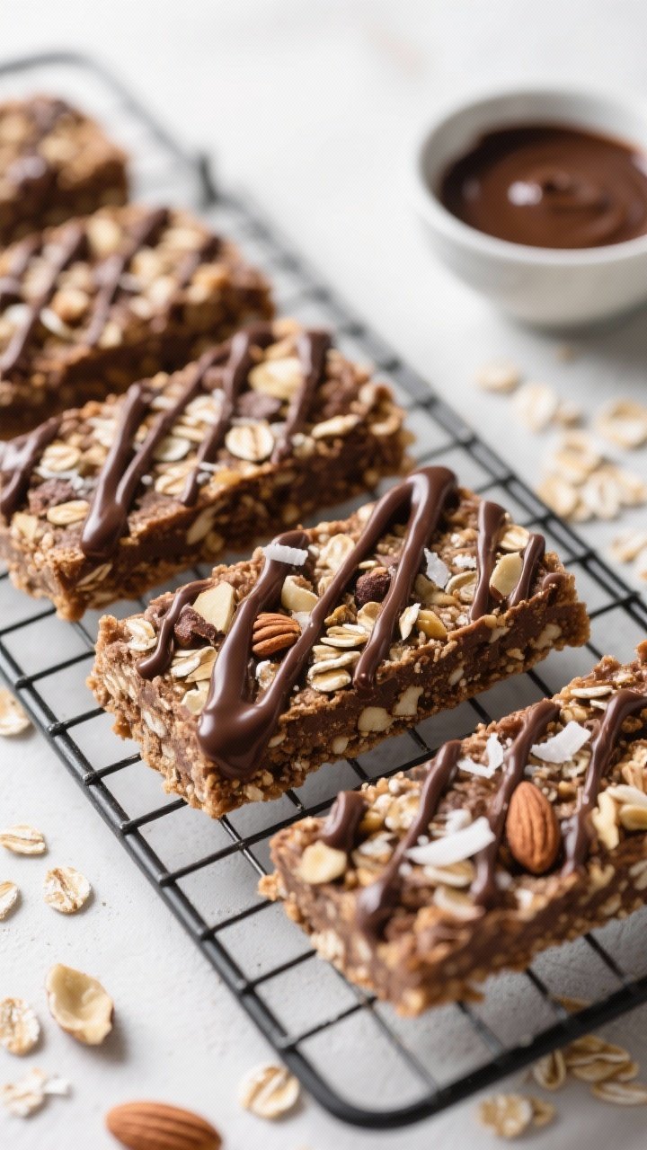 Close-up, straight-on shot of no-melt chocolate oat bars on a cooling rack: dense, textured bars packed with rolled oats, almond flour, chopped toasted nuts, optional shredded coconut, and a glossy espresso chocolate drizzle crosshatched on top; a small bowl of espresso-chocolate sauce and scattered oat flakes and nuts for texture cues.