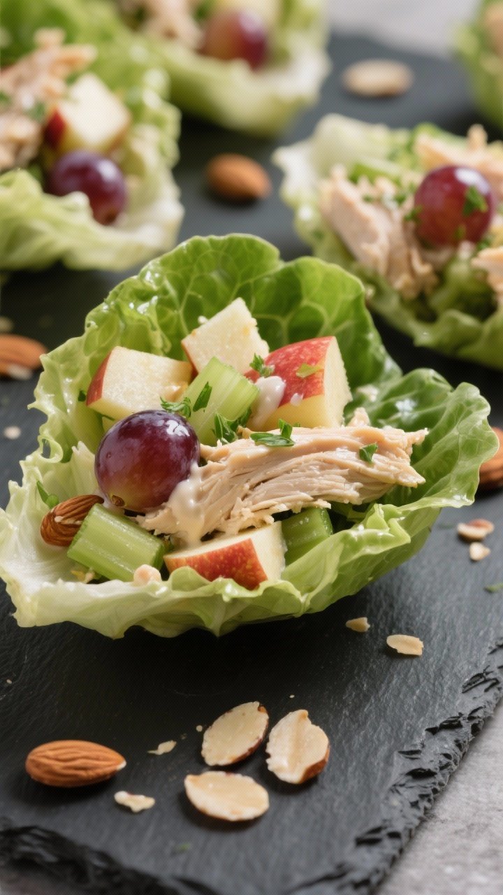 Close-up, straight-on shot of orchard chicken salad lettuce cups: crisp lettuce leaves filled with shredded rotisserie chicken, diced crisp apple, halved seedless grapes, chopped celery, toasted sliced almonds, and flecks of fresh herbs; glossy, creamy dressing lightly coating; served on a slate board with scattered almond slices for texture.