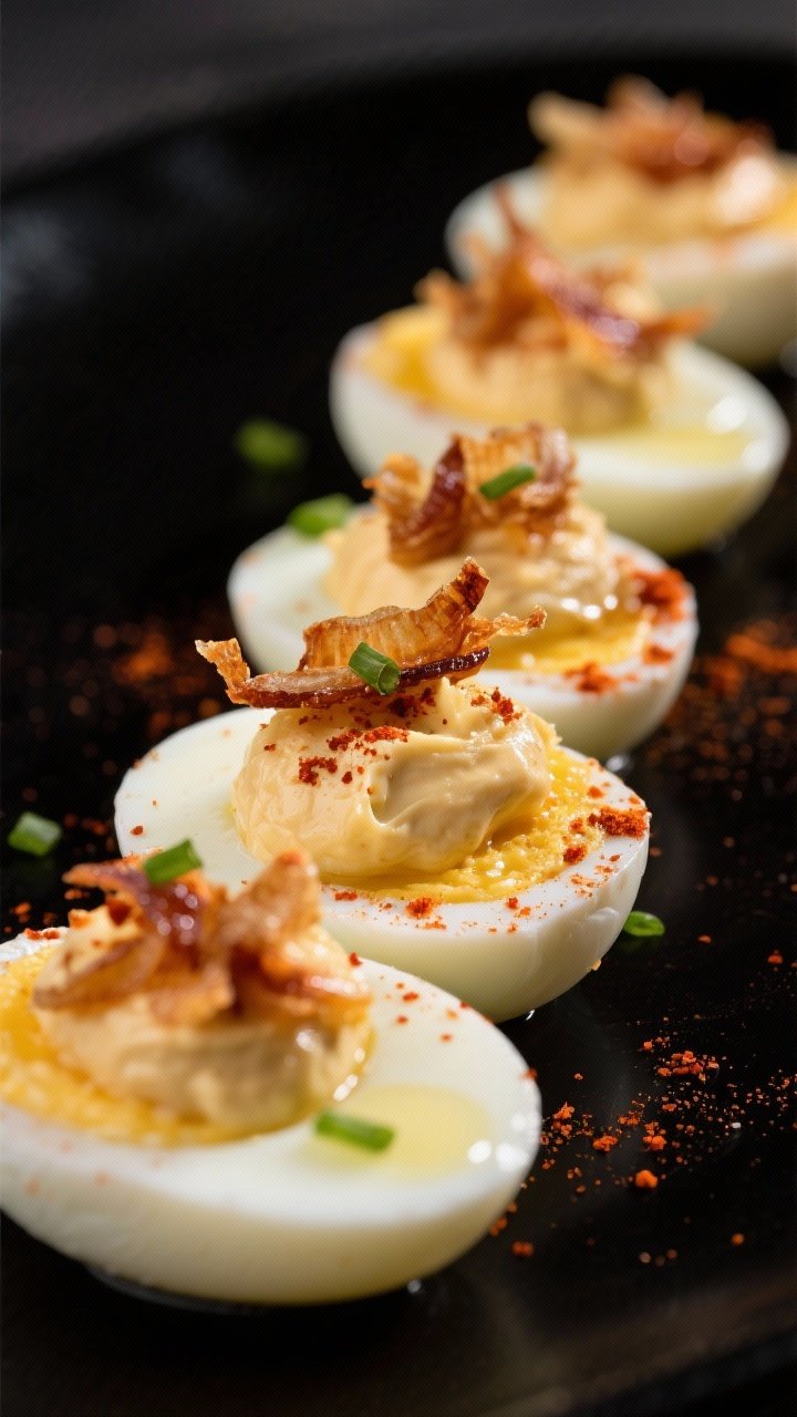 Close-up straight-on shot of smoky paprika deviled eggs: halved eggs with velvety yolk filling blended with mayo, Dijon, apple cider vinegar, and smoked paprika, dusted with extra paprika; topped with frizzled crispy shallots and a glossy drizzle of chive oil, arranged in a staggered line on a matte black platter for color pop, shallow depth of field.