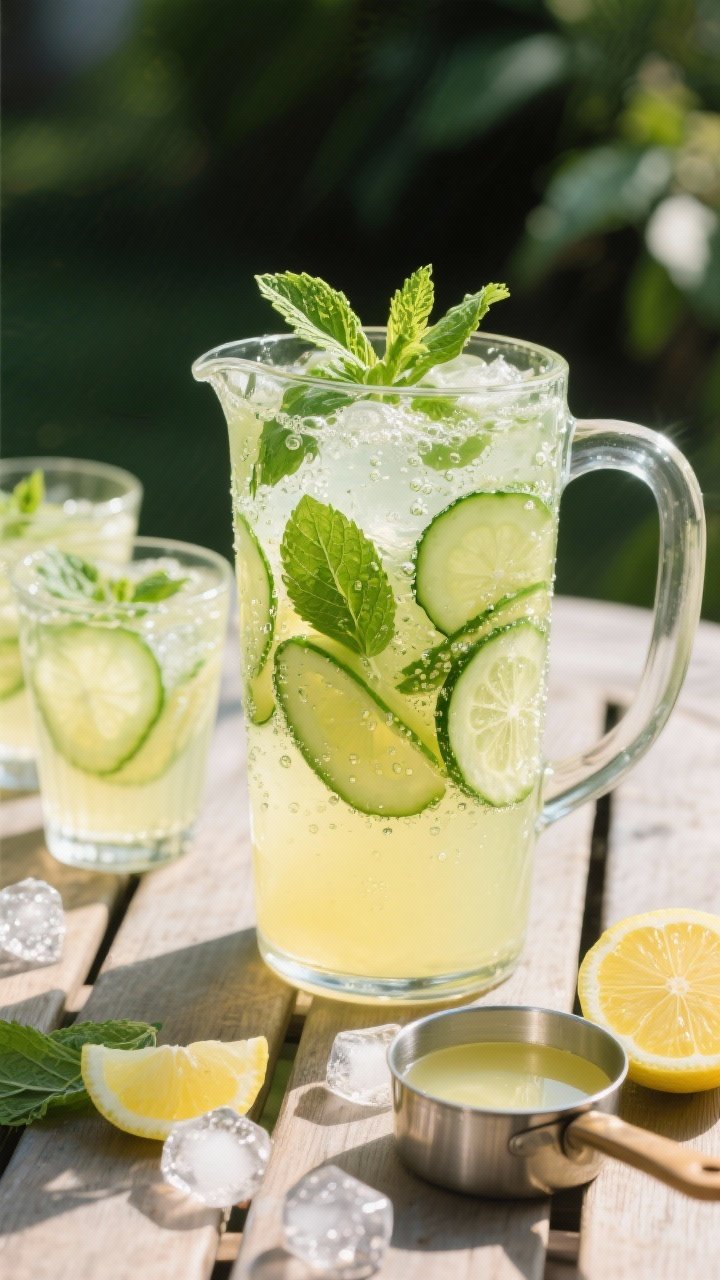 Close-up, straight-on shot of sparkling cucumber mint lemonade in a tall pitcher with matching glasses: pale yellow lemonade with ribbons of cucumber slices, abundant fresh mint leaves, and lively bubbles from chilled sparkling water. A small saucepan of cooled simple syrup nearby, halved lemons scattered. Ice cubes glistening, sunlit picnic table, crisp and refreshing mood.
