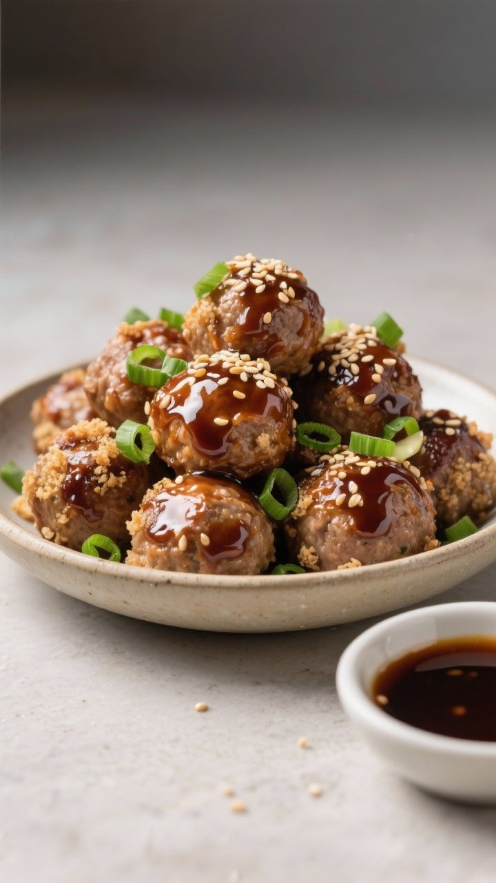 Close-up straight-on shot of sticky miso-sesame meatballs piled in a shallow bowl: glossy glaze clinging to juicy pork/turkey meatballs studded with panko and green onions, fragrant with ginger, garlic, soy sauce, and sesame oil; sprinkled with toasted sesame seeds and more sliced green onions; a small dish of extra glaze to the side.