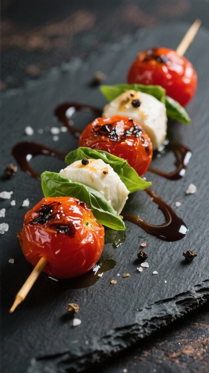 Close-up, straight-on skewer composition: jammy blistered cherry tomatoes alternated with ciliegine mozzarella and fresh basil leaves, lightly glossed with olive oil; a slow-drizzled balsamic glaze ribboning across the skewers, flecks of black pepper and a pinch of salt visible; arranged on a dark slate for color contrast.